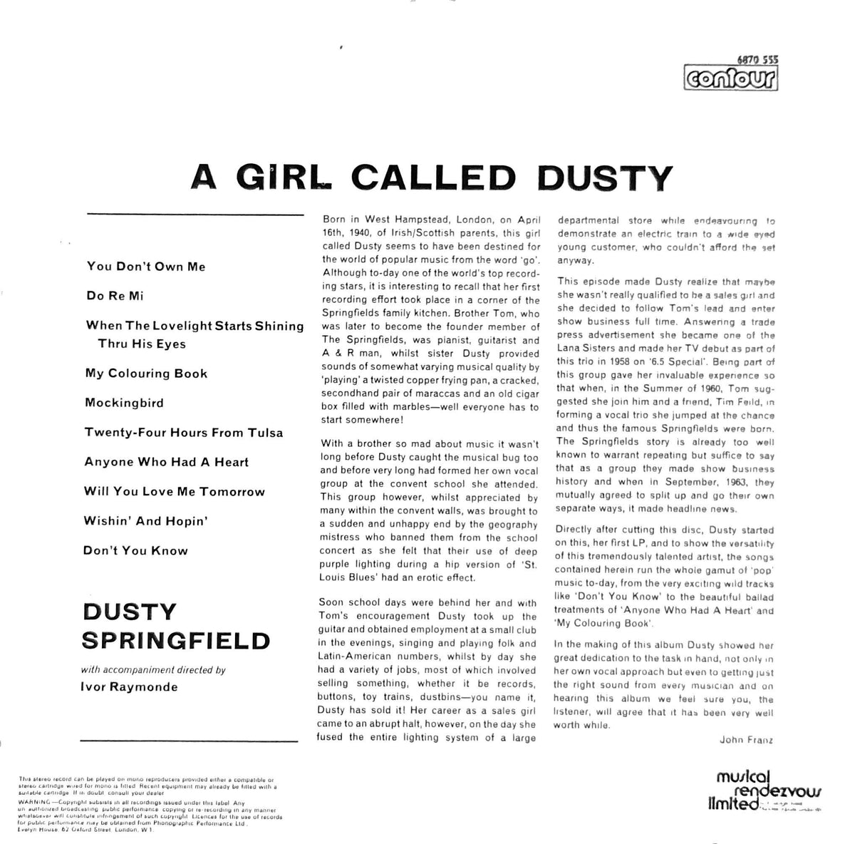Pre Loved Record - Dusty Springfield - A Girl Called Dusty – Stash